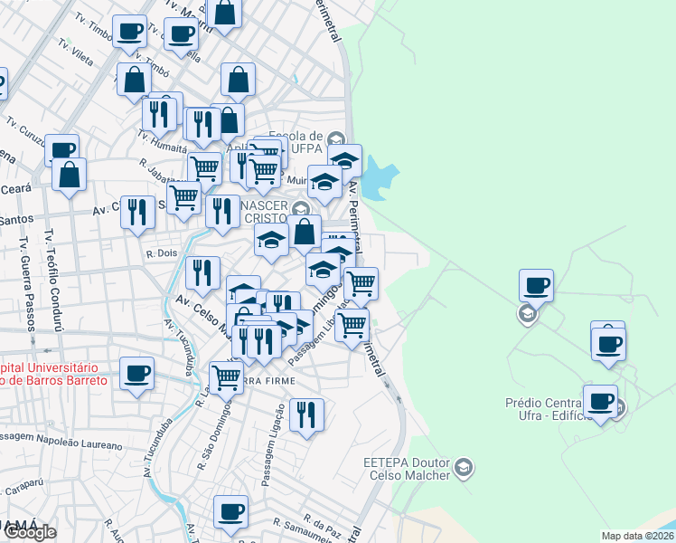 map of restaurants, bars, coffee shops, grocery stores, and more near 7 Passagem Canaã in Belém
