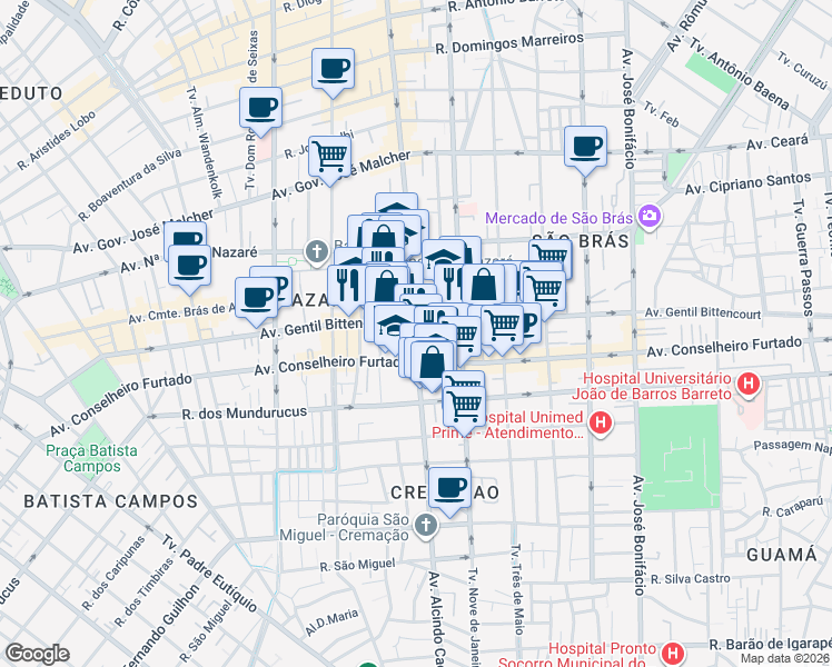 map of restaurants, bars, coffee shops, grocery stores, and more near Avenida Alcindo Cacela in Belém