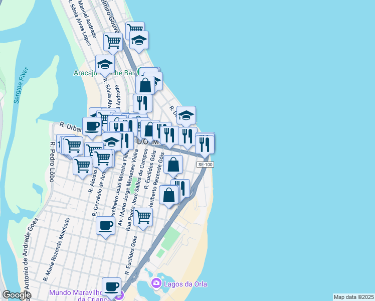 map of restaurants, bars, coffee shops, grocery stores, and more near 400 Rua Delmiro Gouvêia in Aracaju