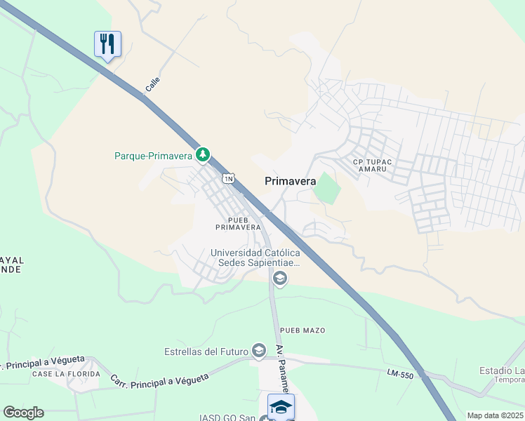 map of restaurants, bars, coffee shops, grocery stores, and more near Panamericana Norte in Primavera