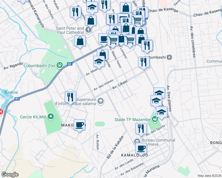 map of restaurants, bars, coffee shops, grocery stores, and more near Avenue Likasi in Lubumbashi