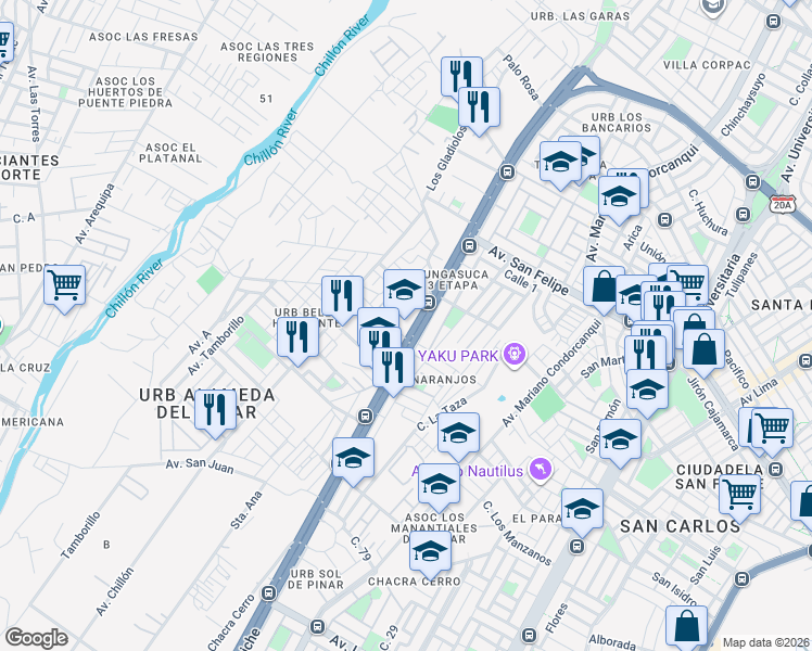 map of restaurants, bars, coffee shops, grocery stores, and more near Heroes del Alto Cenepa in Comas District