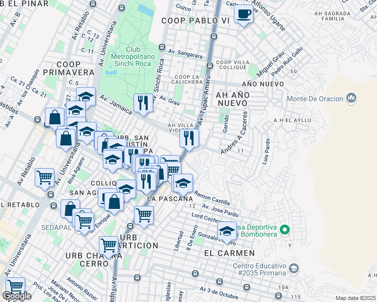 map of restaurants, bars, coffee shops, grocery stores, and more near Avenida Túpac Amaru in Comas