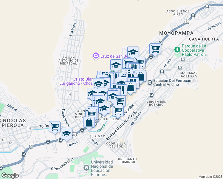 map of restaurants, bars, coffee shops, grocery stores, and more near 496 Jirón Trujillo Sur in Lurigancho-Chosica