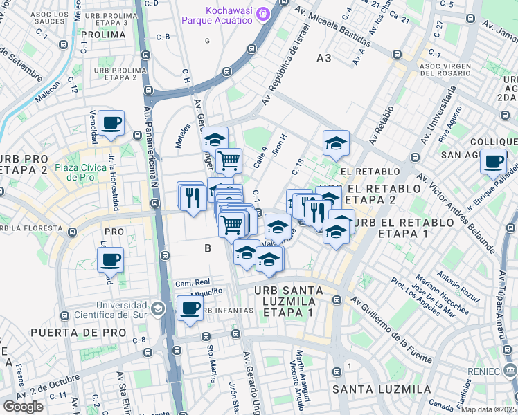 map of restaurants, bars, coffee shops, grocery stores, and more near 528 Avenida Los Ángeles in Comas