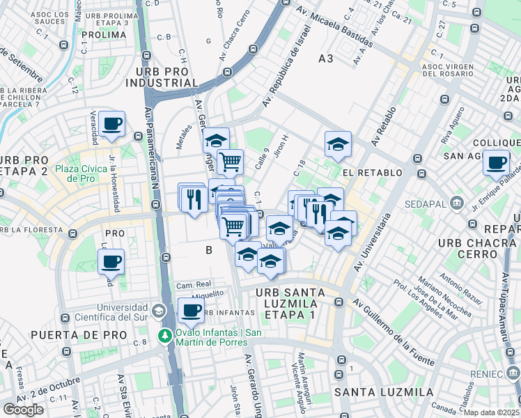 map of restaurants, bars, coffee shops, grocery stores, and more near 528 Avenida Los Ángeles in Comas