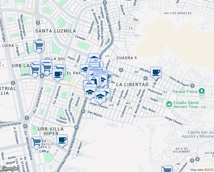 map of restaurants, bars, coffee shops, grocery stores, and more near 499 Avenida Arequipa in Comas