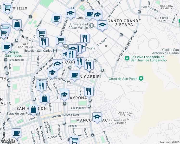map of restaurants, bars, coffee shops, grocery stores, and more near Santa Maria in San Juan de Lurigancho