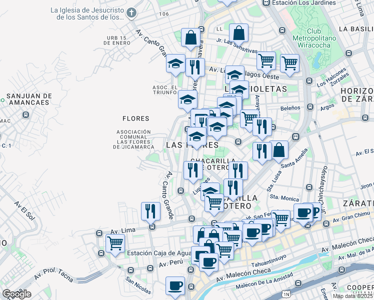 map of restaurants, bars, coffee shops, grocery stores, and more near 525 Calendulas in Cercado de Lima