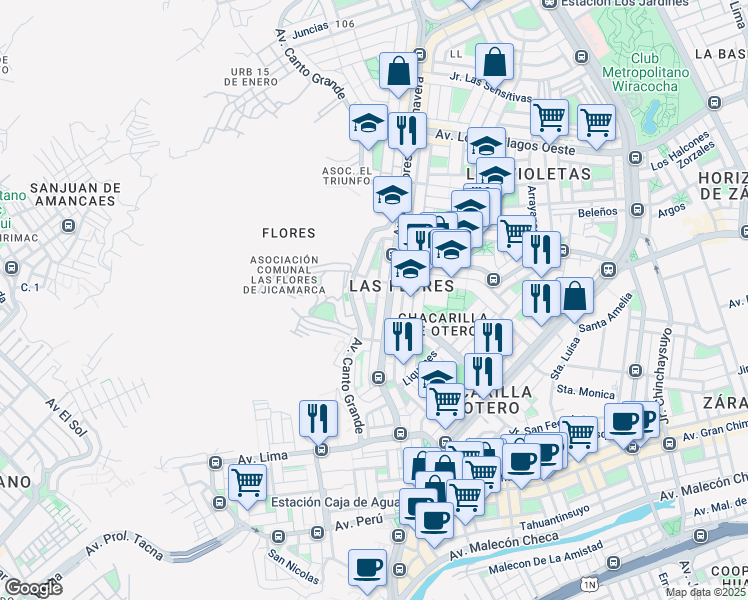 map of restaurants, bars, coffee shops, grocery stores, and more near 525 Calendulas in Cercado de Lima