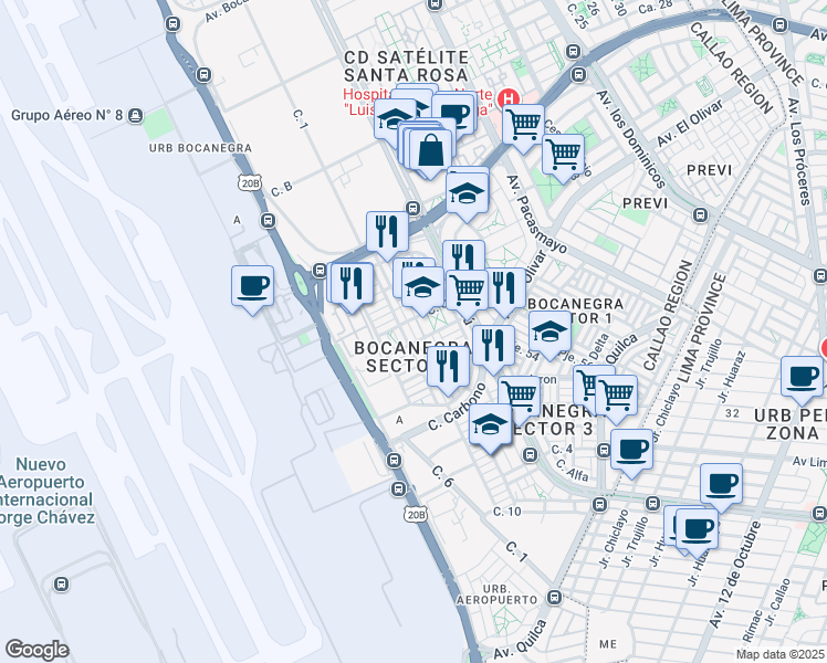 map of restaurants, bars, coffee shops, grocery stores, and more near mz b lt 1 Bocanegra Sector 5 in Callao