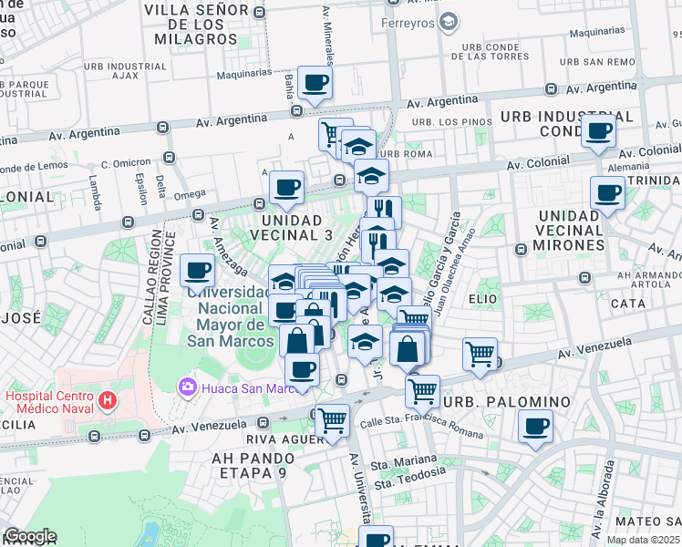 map of restaurants, bars, coffee shops, grocery stores, and more near Ricardo Rivera Navarrete in Cercado de Lima