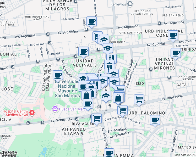 map of restaurants, bars, coffee shops, grocery stores, and more near Ricardo Rivera Navarrete in Cercado de Lima