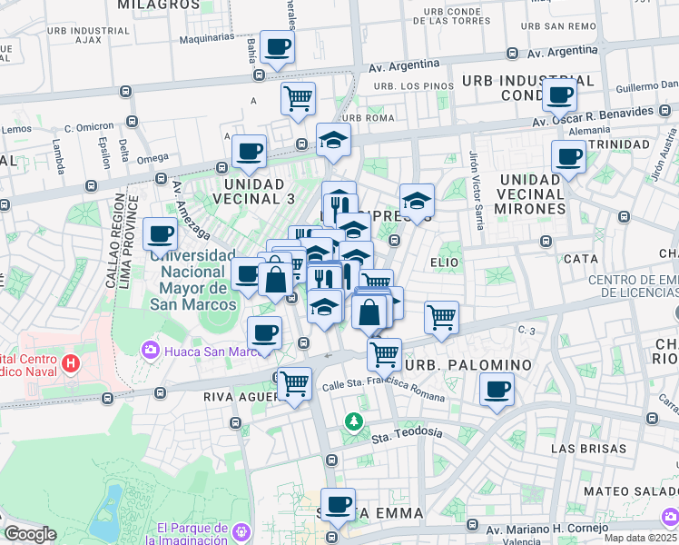 map of restaurants, bars, coffee shops, grocery stores, and more near 144 Avenida Dionisio Derteano in San Isidro