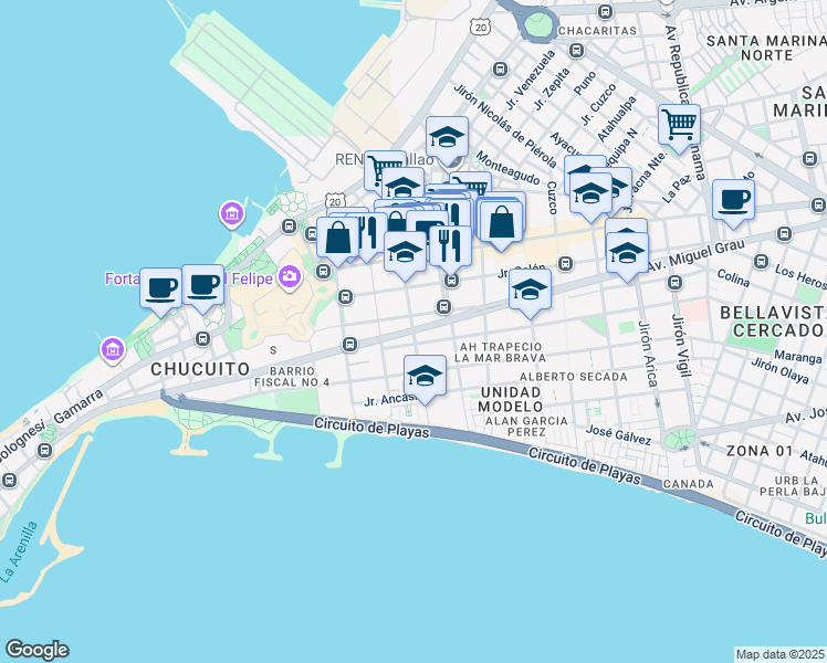 map of restaurants, bars, coffee shops, grocery stores, and more near Avenida Miguel Grau in Callao