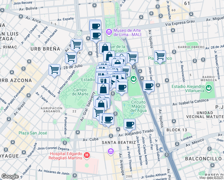 map of restaurants, bars, coffee shops, grocery stores, and more near 499 Avenida Arequipa in Comas