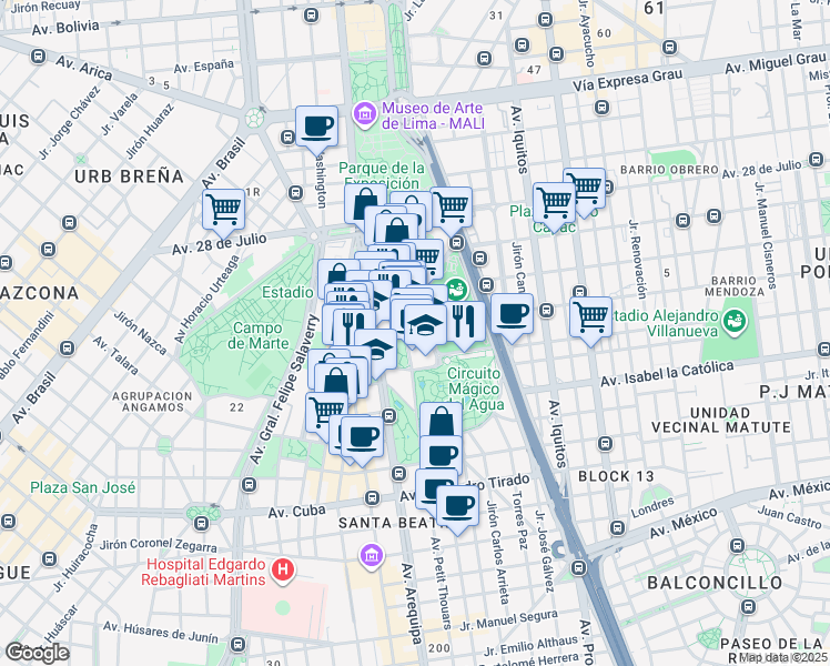map of restaurants, bars, coffee shops, grocery stores, and more near Jirón Saco Oliveros in Cercado de Lima