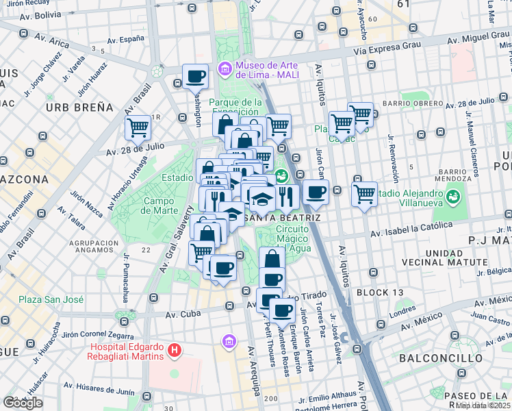 map of restaurants, bars, coffee shops, grocery stores, and more near Jirón Saco Oliveros in Cercado de Lima