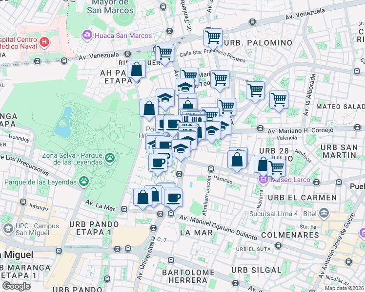 map of restaurants, bars, coffee shops, grocery stores, and more near 1801 Avenida Universitaria in San Miguel