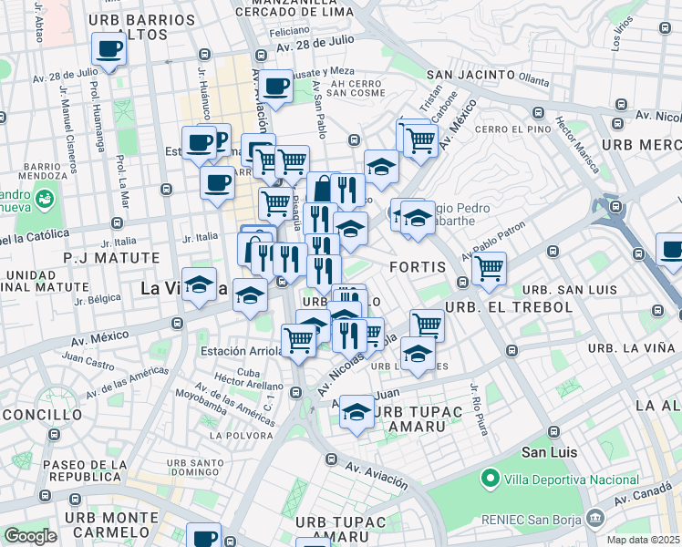map of restaurants, bars, coffee shops, grocery stores, and more near 186 Pasaje Apolo in La Victoria