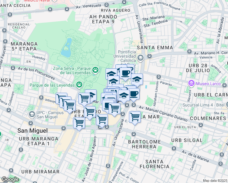 map of restaurants, bars, coffee shops, grocery stores, and more near 1801 Avenida Universitaria in San Miguel
