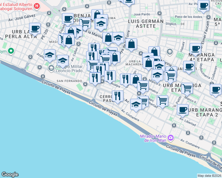 map of restaurants, bars, coffee shops, grocery stores, and more near 270 Calle Luis Banchero Rossi in Lima