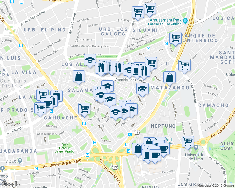 map of restaurants, bars, coffee shops, grocery stores, and more near Felipe Pardo y Aliaga in Lima