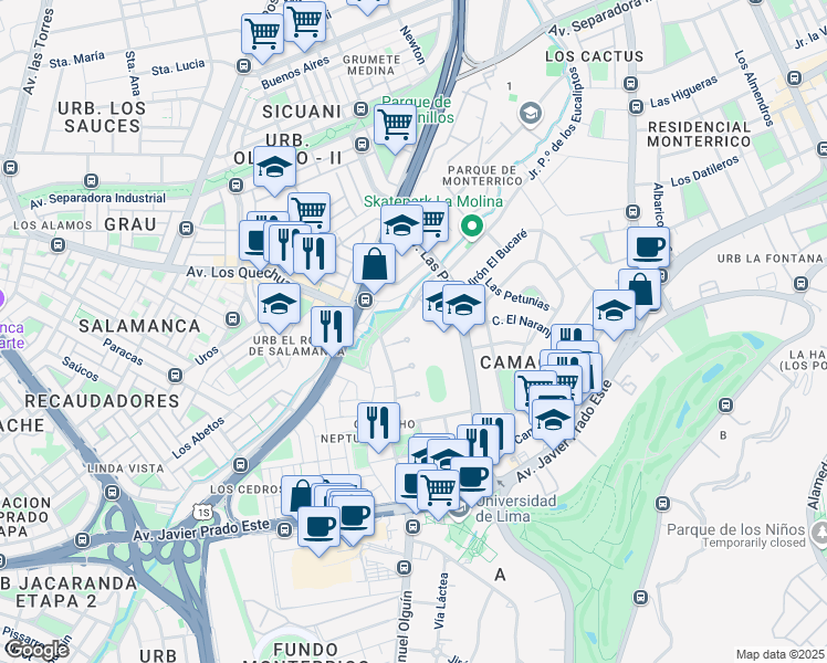 map of restaurants, bars, coffee shops, grocery stores, and more near 325 Avenida Las Palmeras in Cercado de Lima