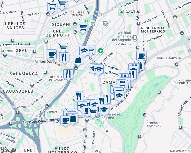 map of restaurants, bars, coffee shops, grocery stores, and more near 325 Avenida Las Palmeras in Cercado de Lima