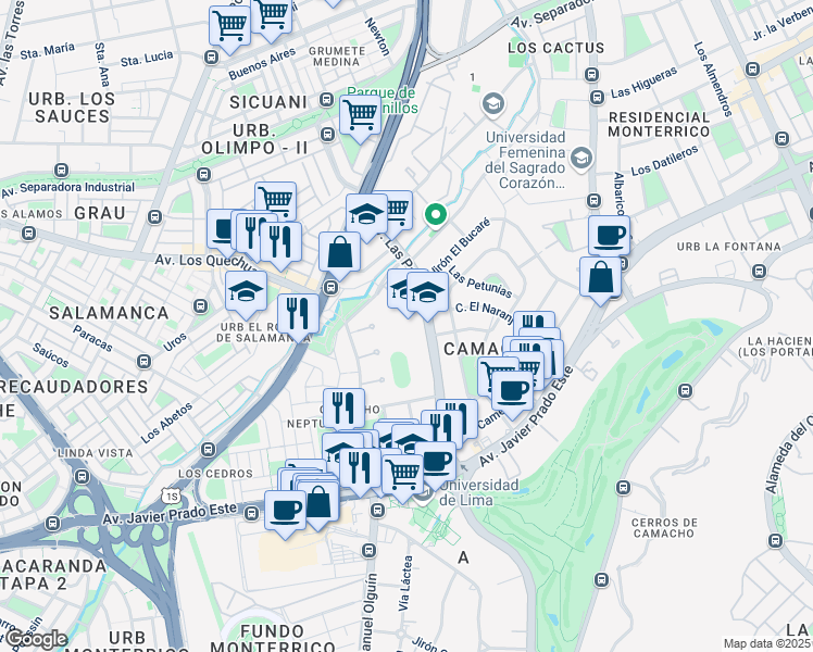 map of restaurants, bars, coffee shops, grocery stores, and more near 325 Avenida Las Palmeras in La Molina