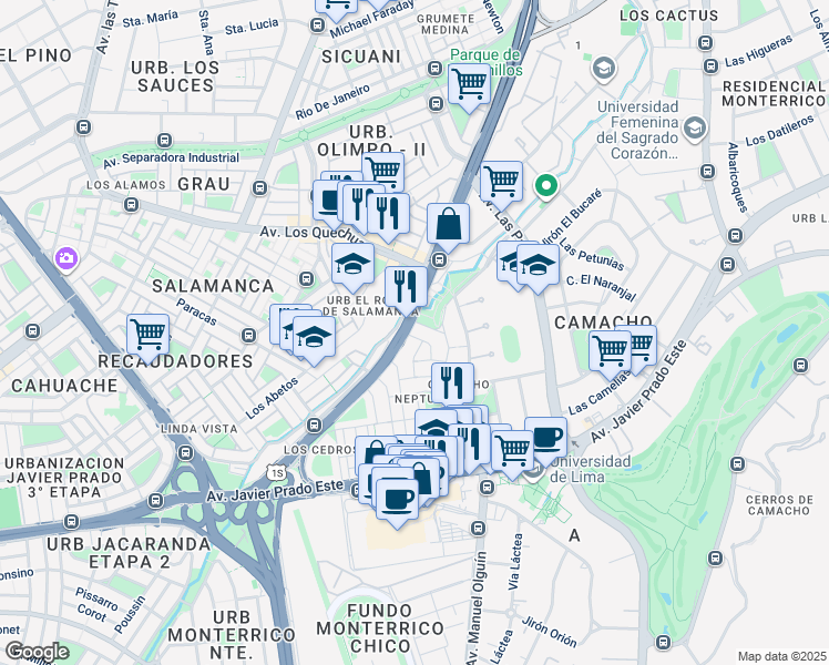 map of restaurants, bars, coffee shops, grocery stores, and more near in Santiago de Surco