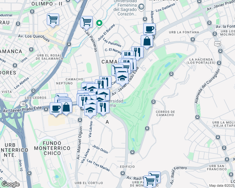 map of restaurants, bars, coffee shops, grocery stores, and more near 134 Avenida Circunvalación in Santiago de Surco