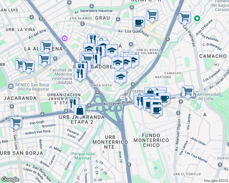 map of restaurants, bars, coffee shops, grocery stores, and more near Los pinos San isidro in Ate