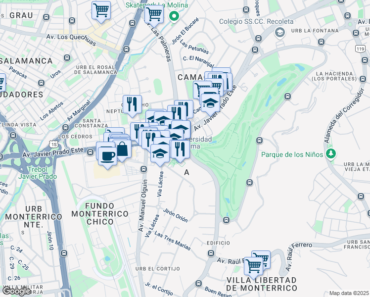 map of restaurants, bars, coffee shops, grocery stores, and more near 150 Avenida Club Golf los Incas in Santiago de Surco