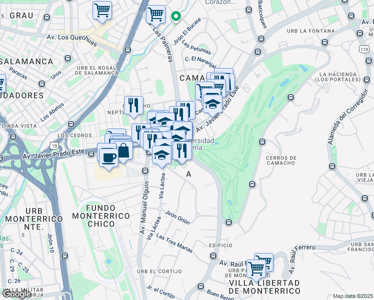 map of restaurants, bars, coffee shops, grocery stores, and more near 150 Avenida Club Golf los Incas in Santiago de Surco