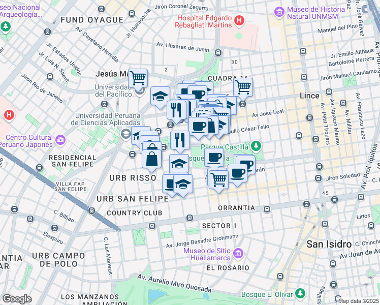 map of restaurants, bars, coffee shops, grocery stores, and more near 1312 Juan Bielovucich Cavalier in Lima