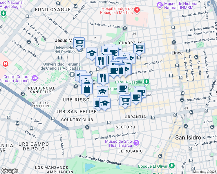 map of restaurants, bars, coffee shops, grocery stores, and more near 1312 Juan Bielovucich Cavalier in Cercado de Lima