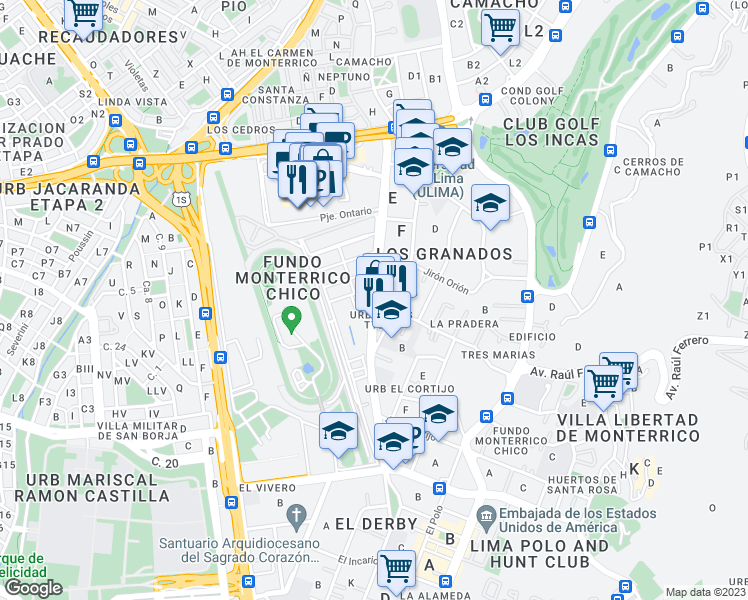 map of restaurants, bars, coffee shops, grocery stores, and more near Manuel Olguin in Lima