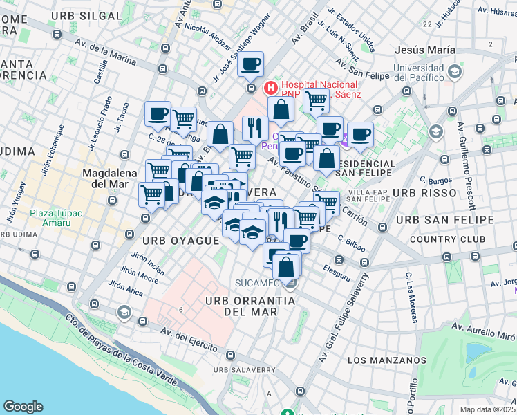 map of restaurants, bars, coffee shops, grocery stores, and more near 111 Jirón María Parado de Bellido in Magdalena del Mar