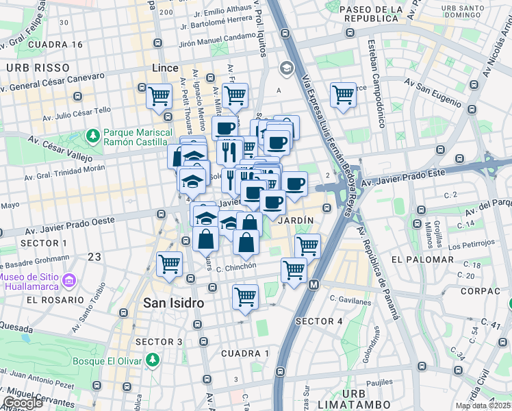 map of restaurants, bars, coffee shops, grocery stores, and more near 444 Avenida Javier Prado Este in San Isidro