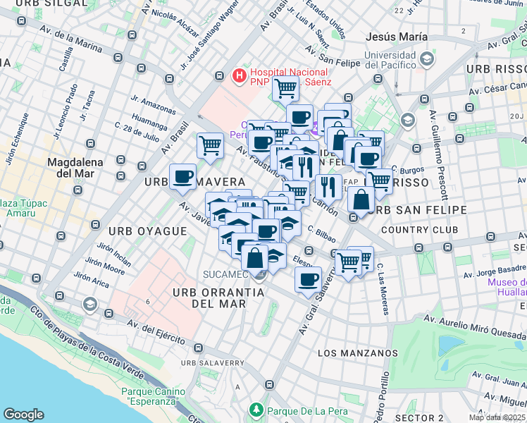 map of restaurants, bars, coffee shops, grocery stores, and more near in Magdalena del Mar