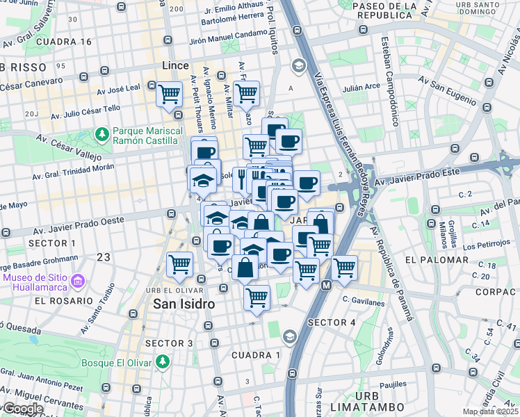 map of restaurants, bars, coffee shops, grocery stores, and more near 149 Calle las Camelias in San Isidro
