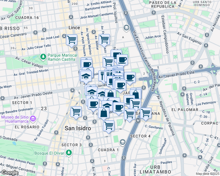 map of restaurants, bars, coffee shops, grocery stores, and more near 149 Calle las Camelias in San Isidro