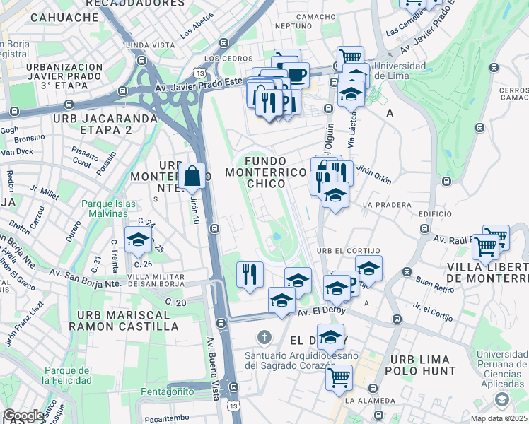 map of restaurants, bars, coffee shops, grocery stores, and more near Manuel Olguin in Lima