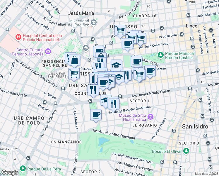 map of restaurants, bars, coffee shops, grocery stores, and more near 245 Calle Los Laureles in San Isidro