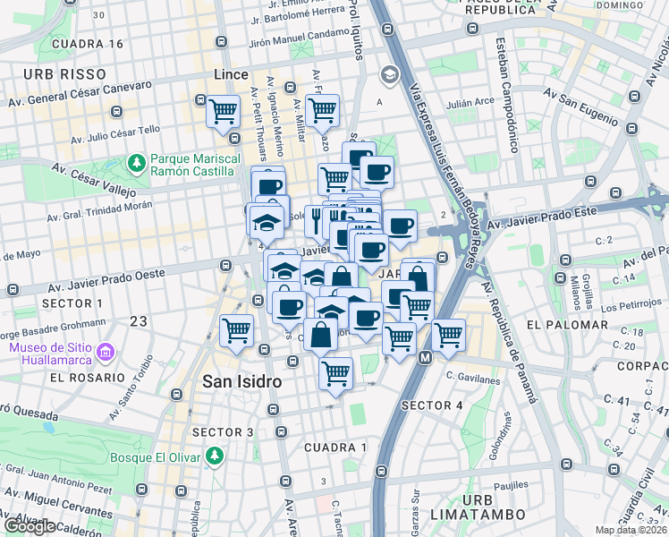 map of restaurants, bars, coffee shops, grocery stores, and more near 223 Calle Amador Merino Reyna in San Isidro