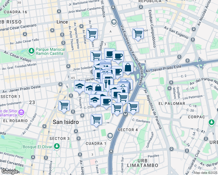 map of restaurants, bars, coffee shops, grocery stores, and more near Calle Las Orquídeas in Lima