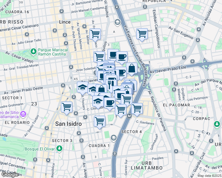 map of restaurants, bars, coffee shops, grocery stores, and more near Calle Las Orquídeas in Lima