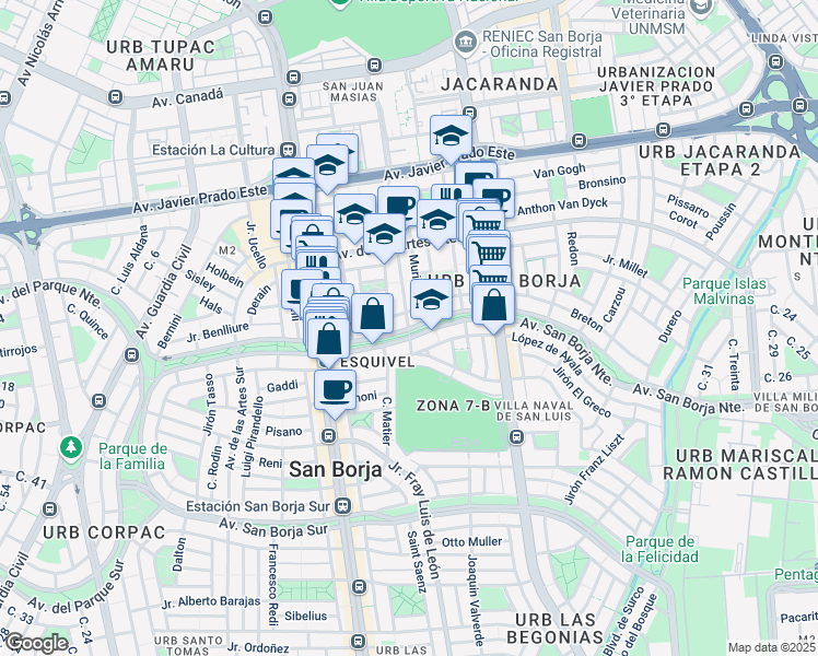 map of restaurants, bars, coffee shops, grocery stores, and more near San Borja Norte in San Borja