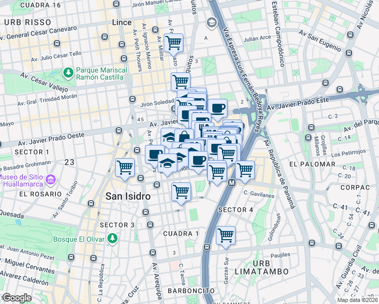 map of restaurants, bars, coffee shops, grocery stores, and more near 322 Calle Coronel Andrés Reyes in San Isidro